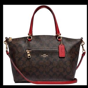 Coach Brown and Red Tote with Checkered Pattern and Gold-tone Hardware